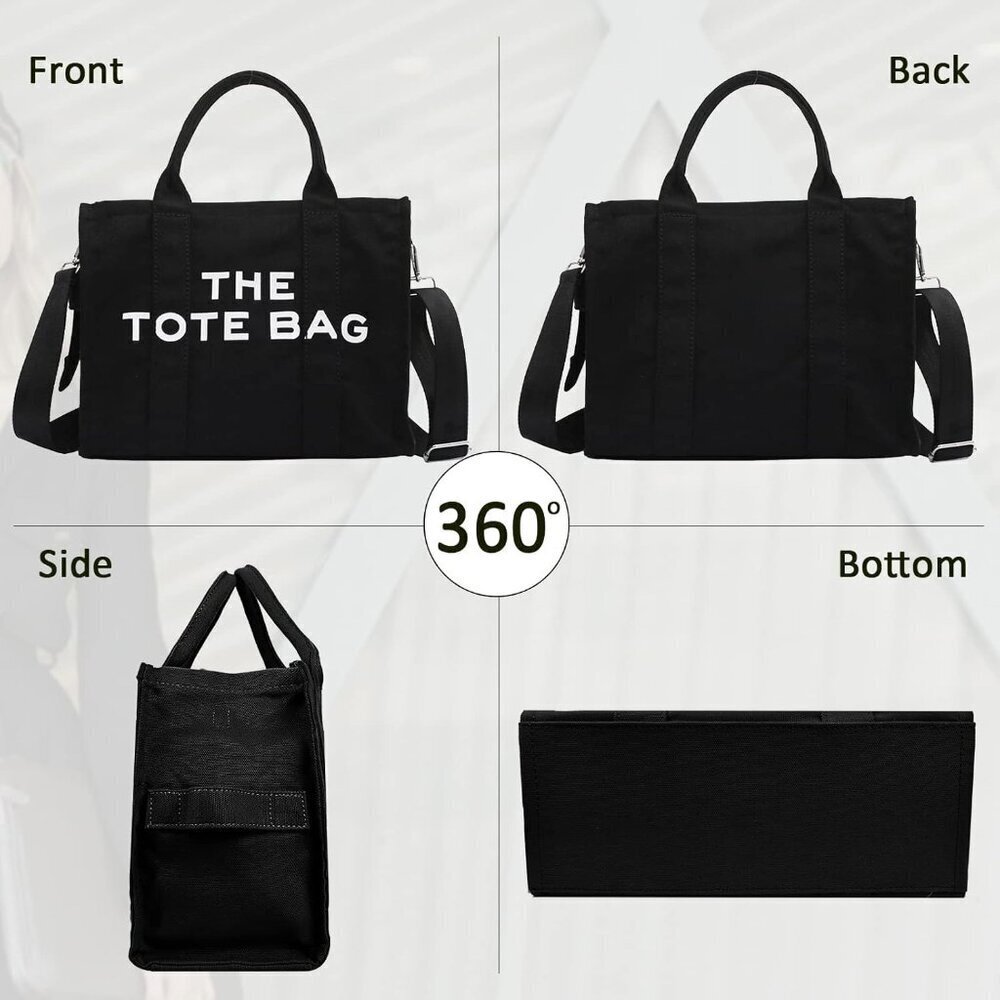 Women Black Personalized Canvas Crossbody Tote Bags with Zipper Mini Top-Handle - Picture 4 of 7